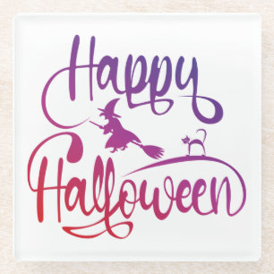 Happy Halloween gradient flying witch cat Glass Coaster