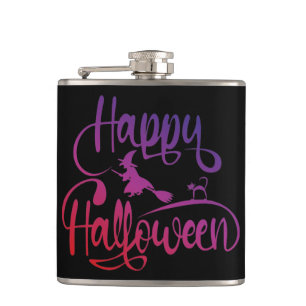 Happy Halloween gradient flying witch cat Hip Flask