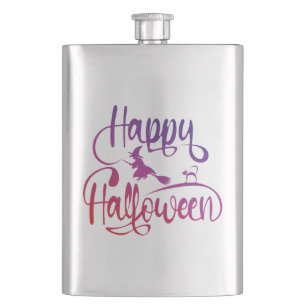 Happy Halloween gradient flying witch cat  Hip Flask