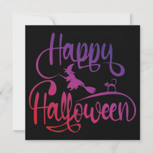 Happy Halloween gradient flying witch cat Invitation