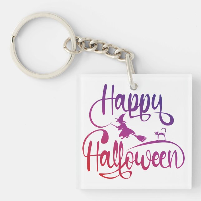 Happy Halloween gradient flying witch cat  Key Ring (Front)