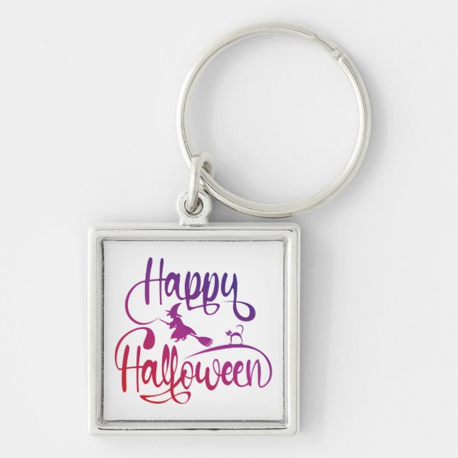 Happy Halloween gradient flying witch cat  Key Ring (Front)