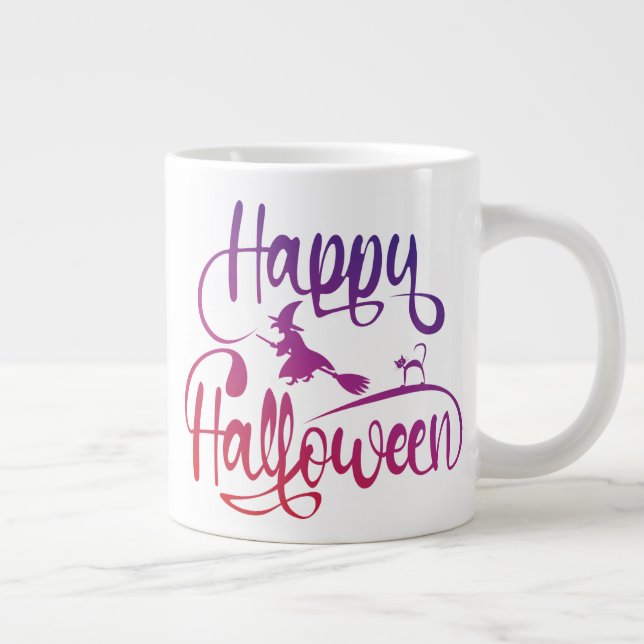 Happy Halloween gradient flying witch cat   Large Coffee Mug (Right)