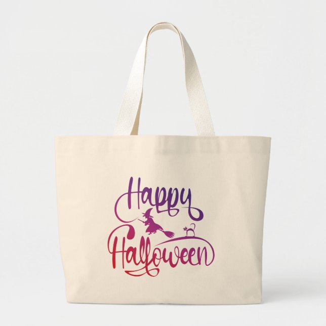 Happy Halloween gradient flying witch cat  Large Tote Bag (Front)