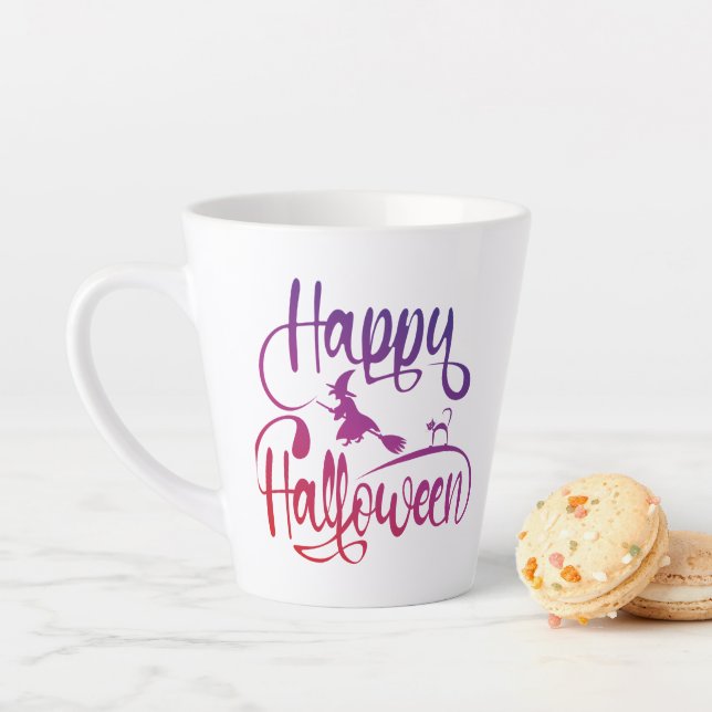 Happy Halloween gradient flying witch cat   Latte Mug (In Situ)