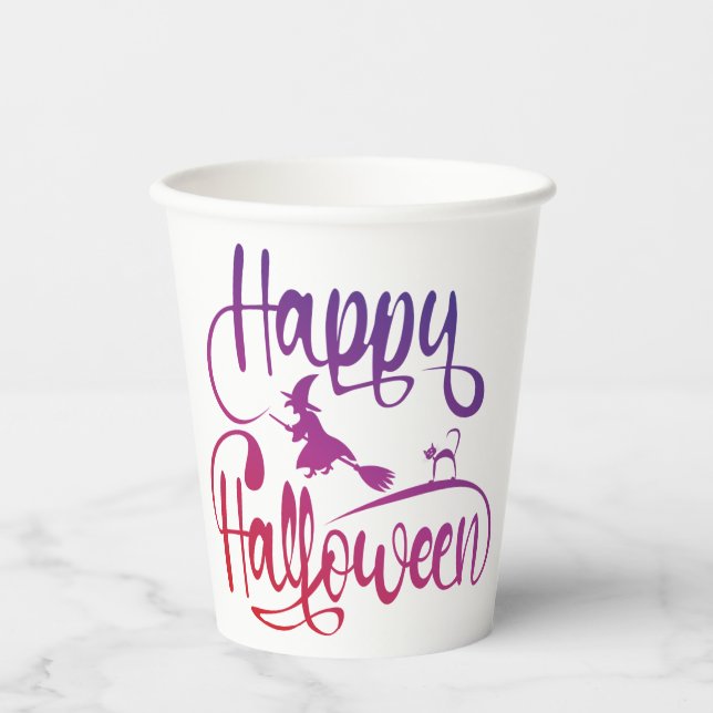 Happy Halloween gradient flying witch cat  Paper Cups (Front)