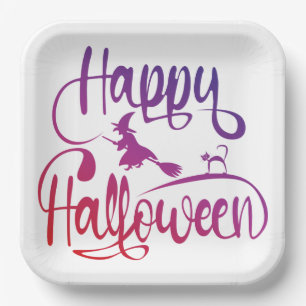Happy Halloween gradient flying witch cat Paper Plate
