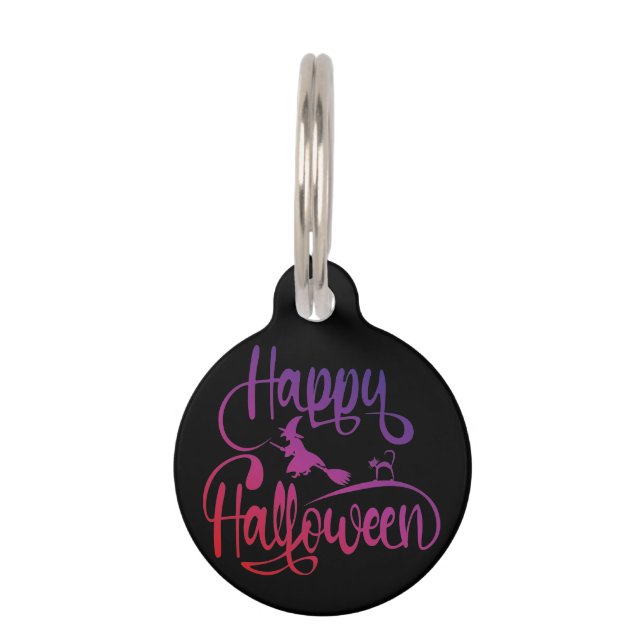 Happy Halloween gradient flying witch cat  Pet Tag (Front)