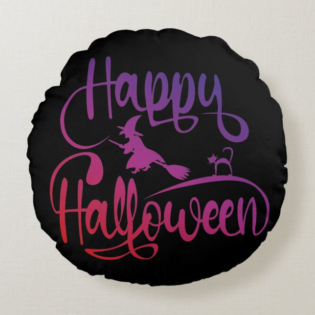 Happy Halloween gradient flying witch cat  Round Cushion (Front)