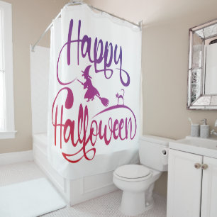 Happy Halloween gradient flying witch cat  Shower Curtain