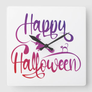Happy Halloween gradient flying witch cat  Square Wall Clock