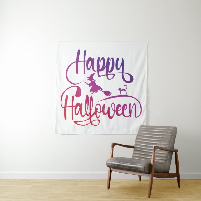 Happy Halloween gradient flying witch cat  Tapestry (In Situ)