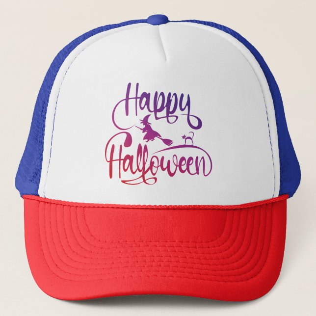 Happy Halloween gradient flying witch cat  Trucker Hat (Front)