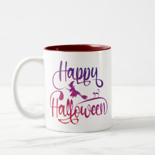 Happy Halloween gradient flying witch cat Two-Tone Coffee Mug