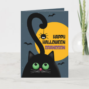 Happy Halloween Grandson Black Cat With Spider Holiday Card