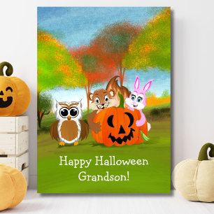 Happy Halloween Grandson Chipmunk, Rabbit & Owl Card