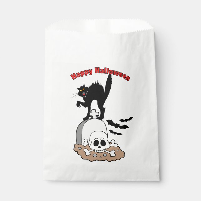 Happy Halloween Gravestone Black Cat and Skull  Favour Bag (Front)
