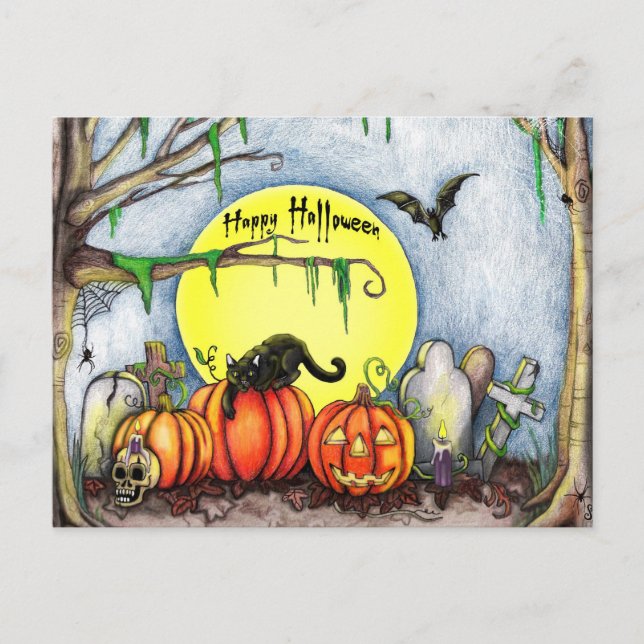 Happy Halloween Graveyard Scene Postcard (Front)