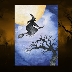 Happy Halloween Greeting Flying Witch Card
