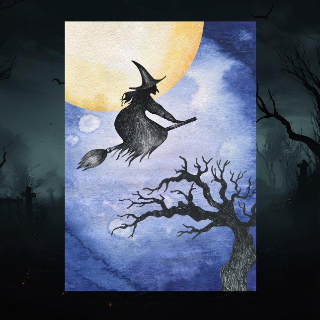 Happy Halloween Greeting Flying Witch Card (Happy Halloween Flying Witch Spooky Greeting Card)