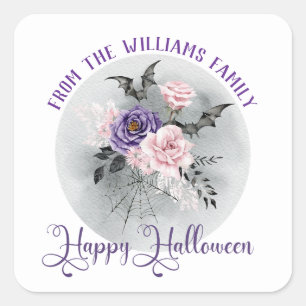 happy halloween grey moon and watercolor roses square sticker