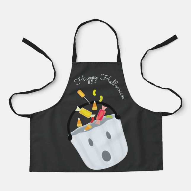 Happy Halloween Grey White Ghost Pail Candy Apron (Front)
