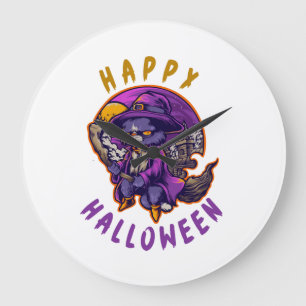 Happy Halloween Halloween Witch Cat Large Clock