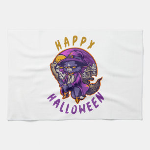 Happy Halloween Halloween Witch Cat Tea Towel