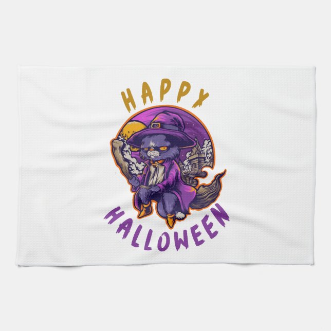 Happy Halloween Halloween Witch Cat Tea Towel (Horizontal)