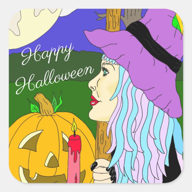 Happy Halloween Hand drawn Witch and Full Moon Square Sticker (Front)