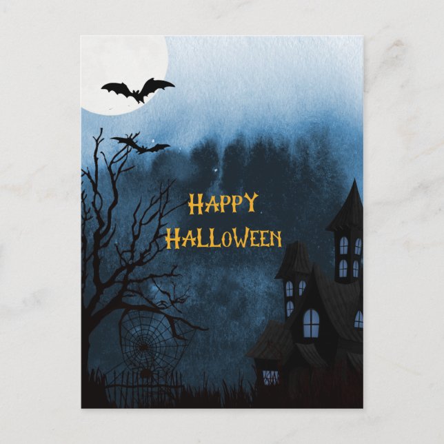 Happy Halloween Haunted Castle and Bats Postcard (Front)