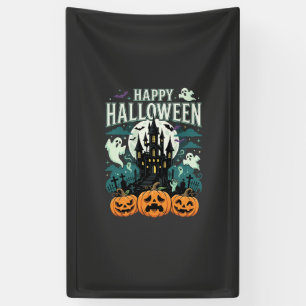 Happy Halloween Haunted Castle Ghosts and Pumpkins Banner