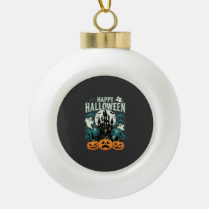 Happy Halloween Haunted Castle Ghosts and Pumpkins Ceramic Ball Christmas Ornament
