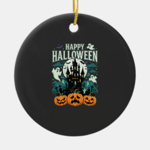 Happy Halloween Haunted Castle Ghosts and Pumpkins Ceramic Ornament