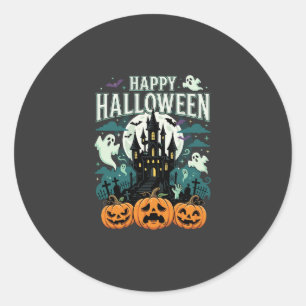 Happy Halloween Haunted Castle Ghosts and Pumpkins Classic Round Sticker