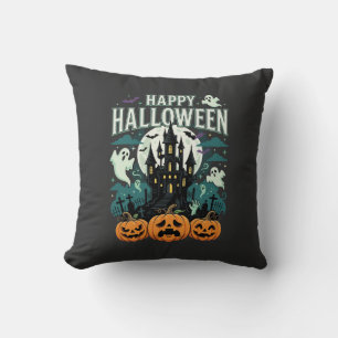 Happy Halloween Haunted Castle Ghosts and Pumpkins Cushion