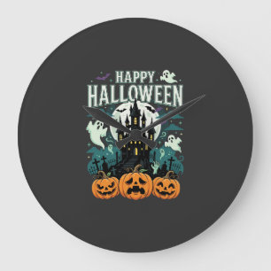 Happy Halloween Haunted Castle Ghosts and Pumpkins Large Clock