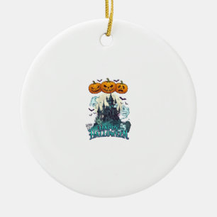 Happy Halloween Haunted Castle Pumpkins Ghosts_1 Ceramic Ornament