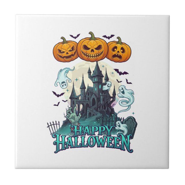 Happy Halloween Haunted Castle Pumpkins Ghosts_1 Ceramic Tile (Front)