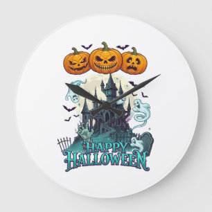 Happy Halloween Haunted Castle Pumpkins Ghosts_1 Large Clock