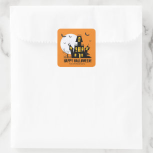 Happy Halloween Haunted House Bat Illustration Square Sticker