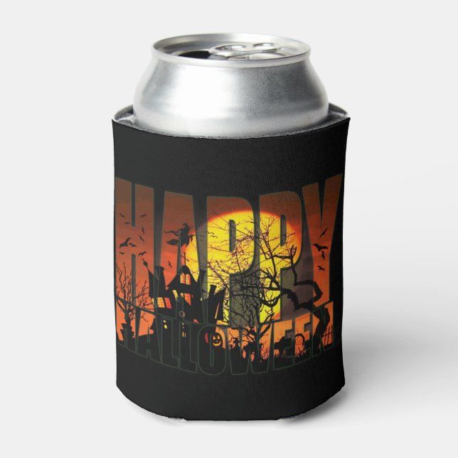 Happy Halloween Haunted House Can Cooler (Can Front)