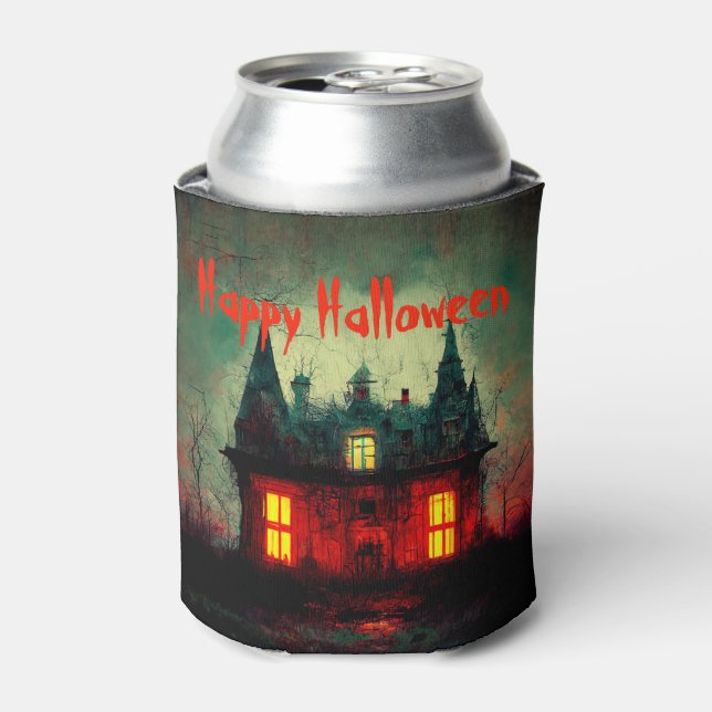 Happy Halloween Haunted House Can Cooler (Can Front)