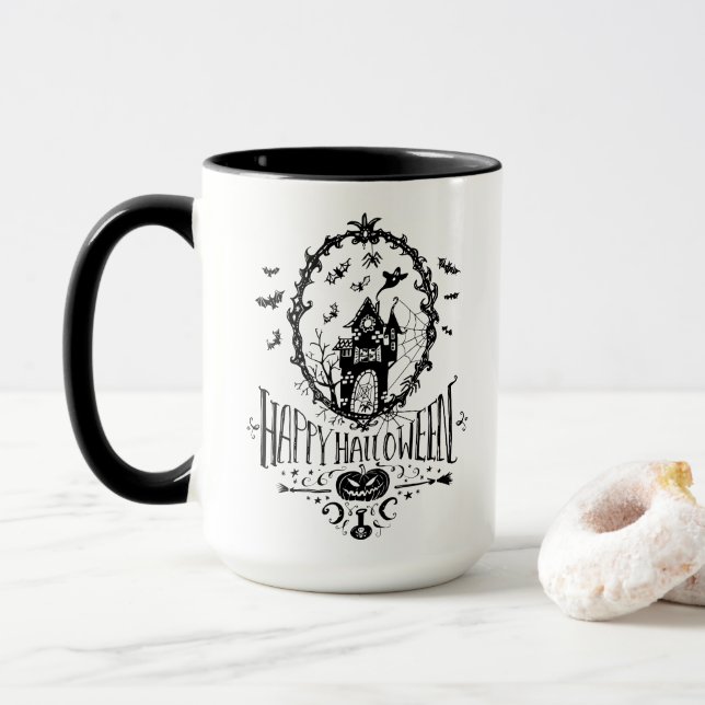 Happy Halloween Haunted House Fancy Decorative Mug (With Donut)