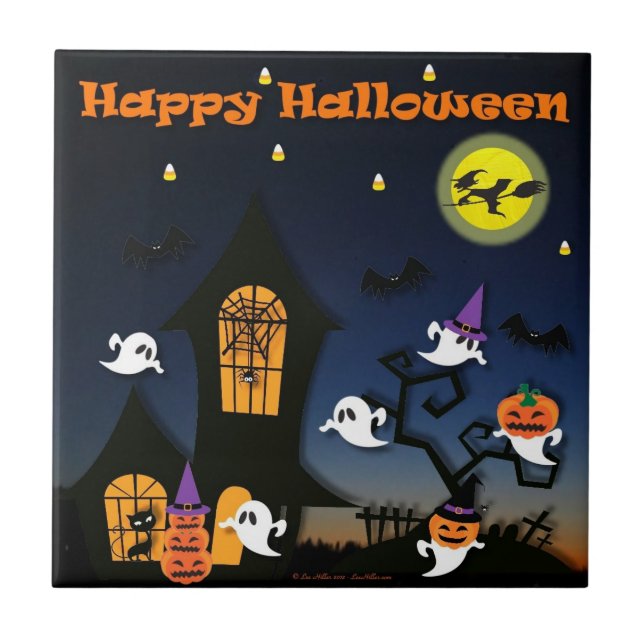 Happy Halloween Haunted House Ghosts Bats Tile (Front)