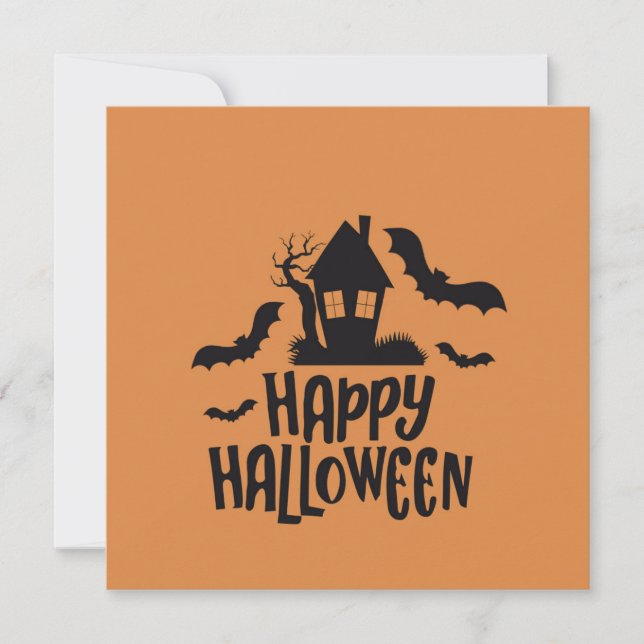 Happy Halloween haunted house spooky bat orange Holiday Card (Front)
