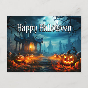 Happy Halloween Haunted House & Spooky Pumpkins Postcard