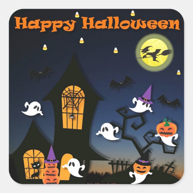 Happy Halloween Haunted House Square Sticker (Front)
