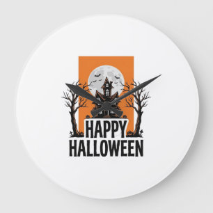 Happy Halloween Haunted House Vintage Graphic_1 Large Clock