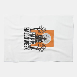 Happy Halloween Haunted House Vintage Graphic_1 Tea Towel